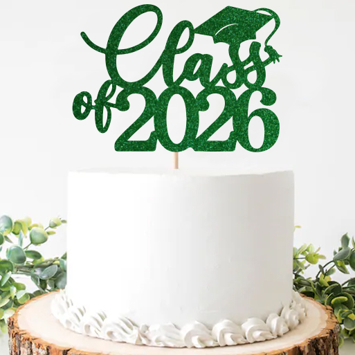 Green Glittering Grad Class of 2026 Cake Pick Topper